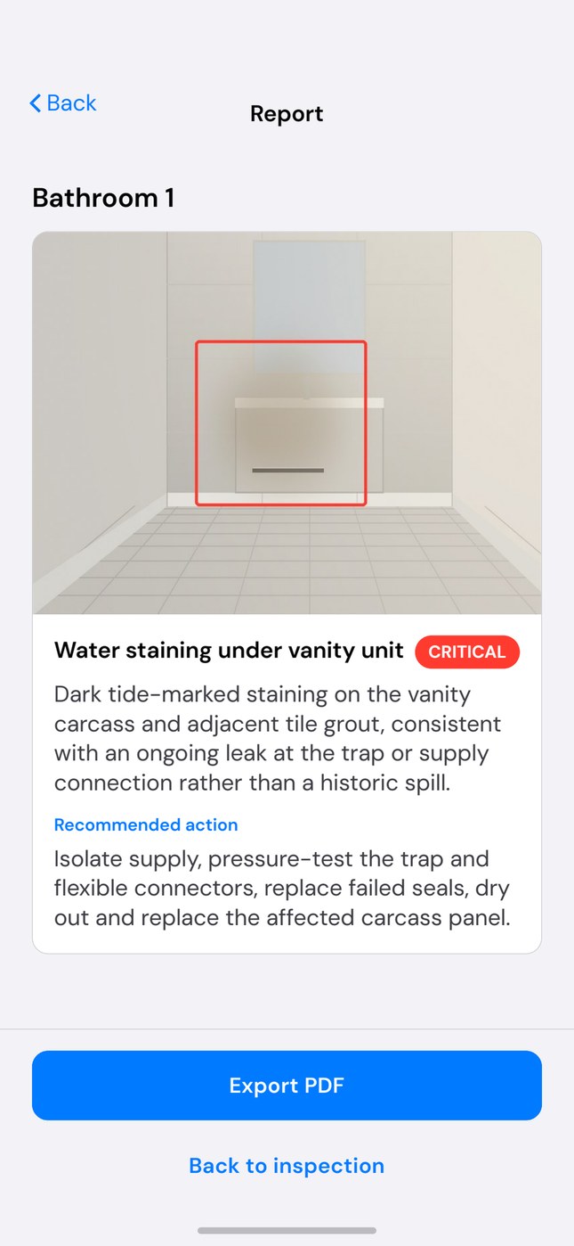 A finding with evidence photo and recommended action