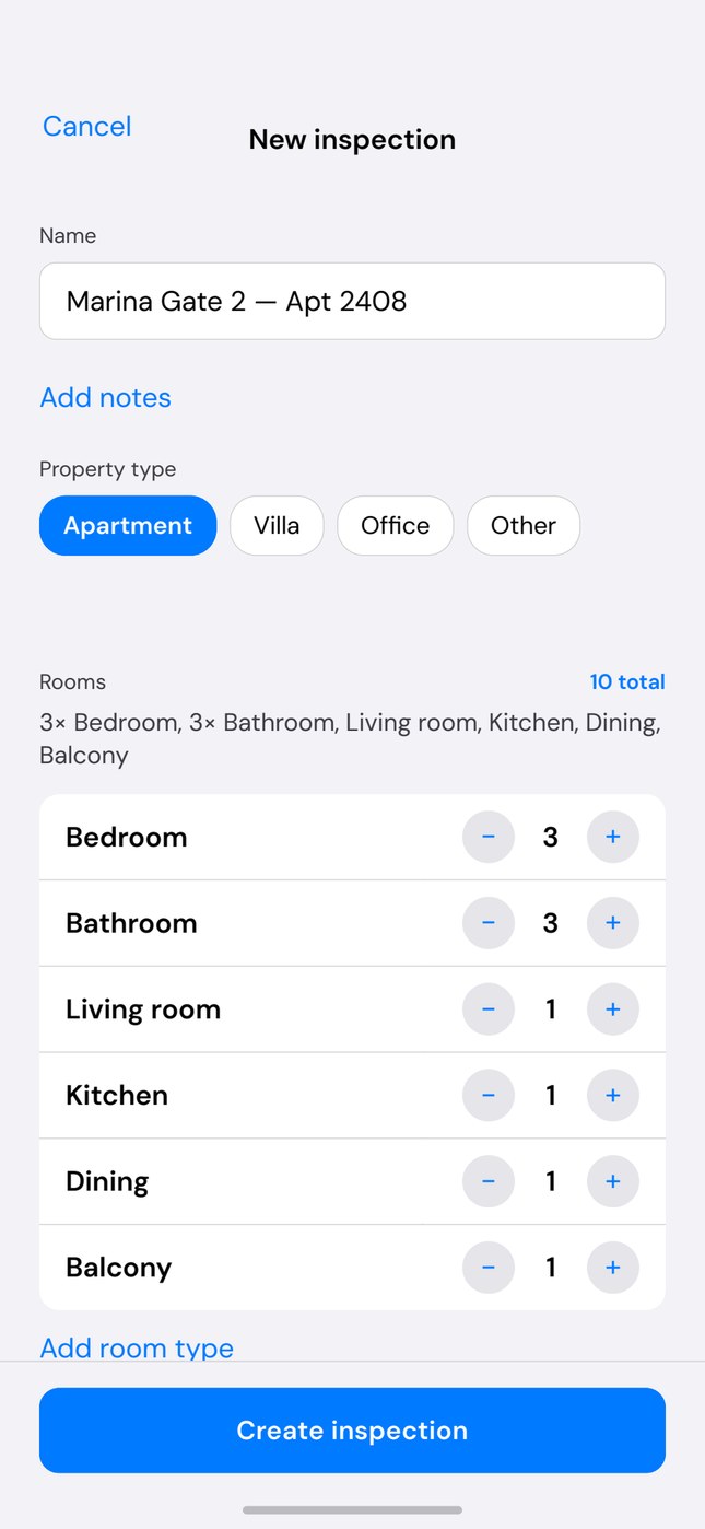 Setting room counts for a new inspection